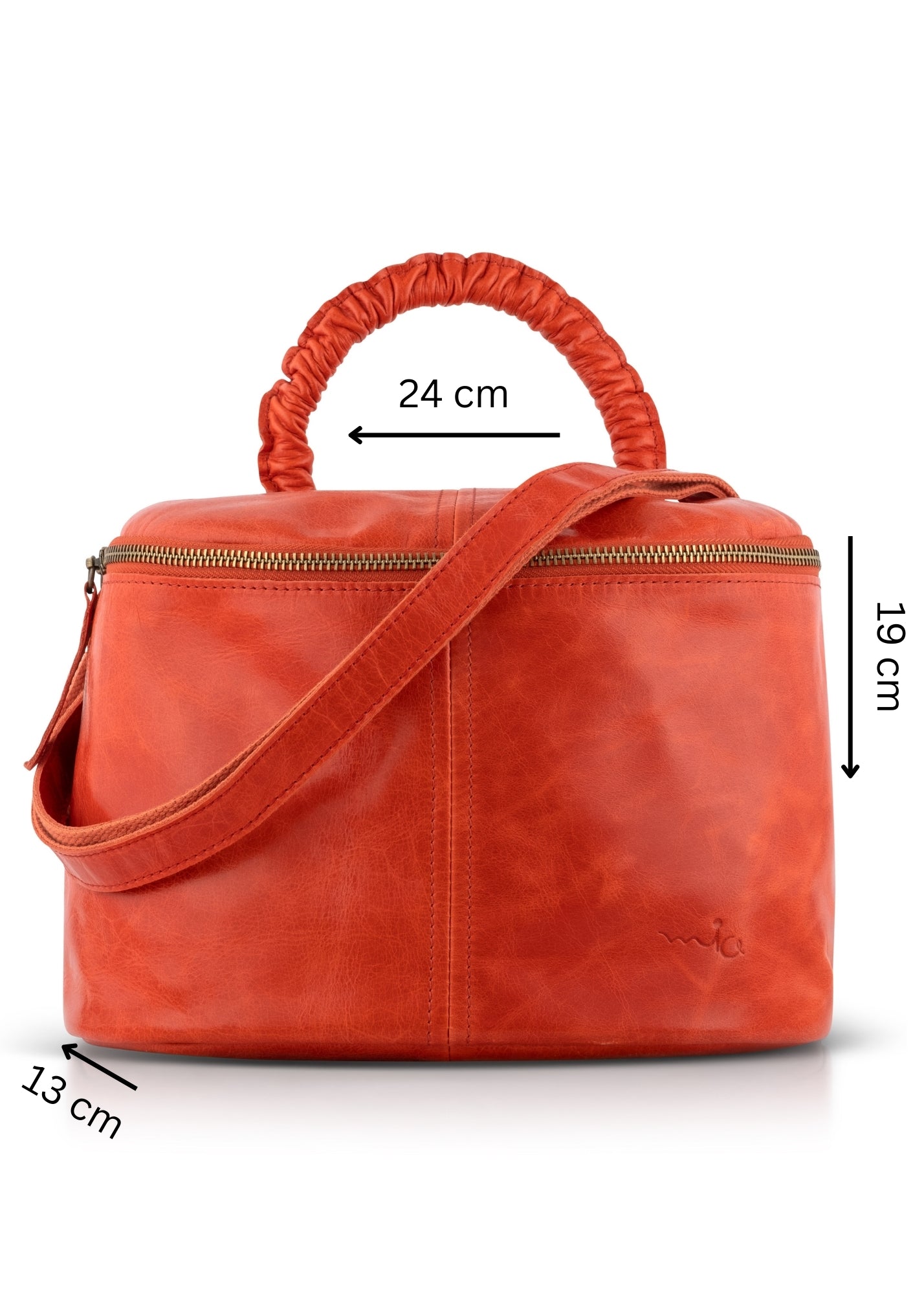 Small leather bag handle with orange shrinks