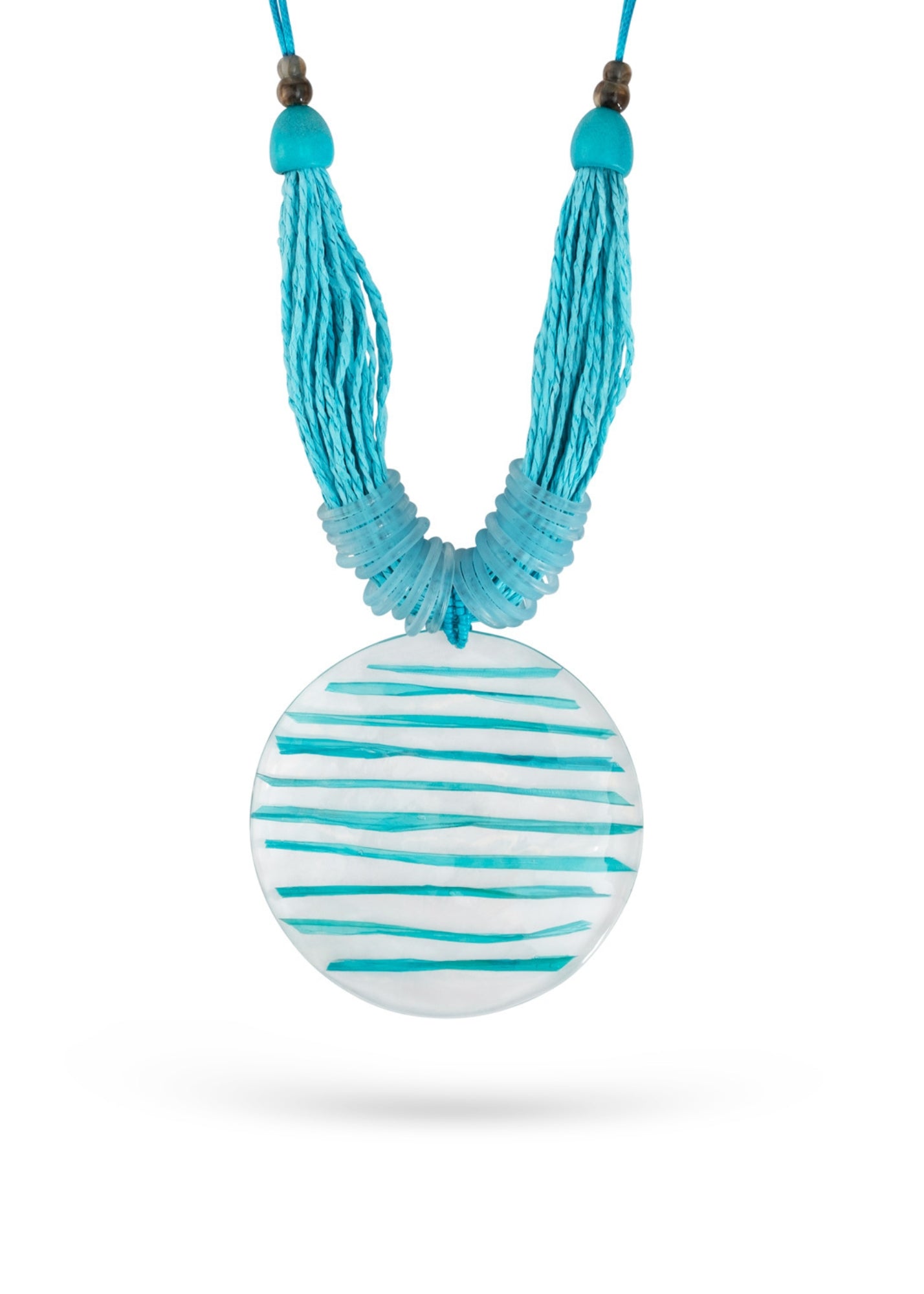 Handmade necklace with straw rows and resin circle with turquoise stripes