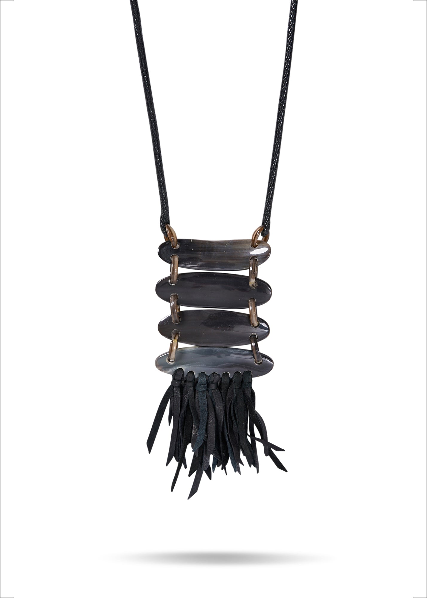 Horn 4 row chain with black leather fringes