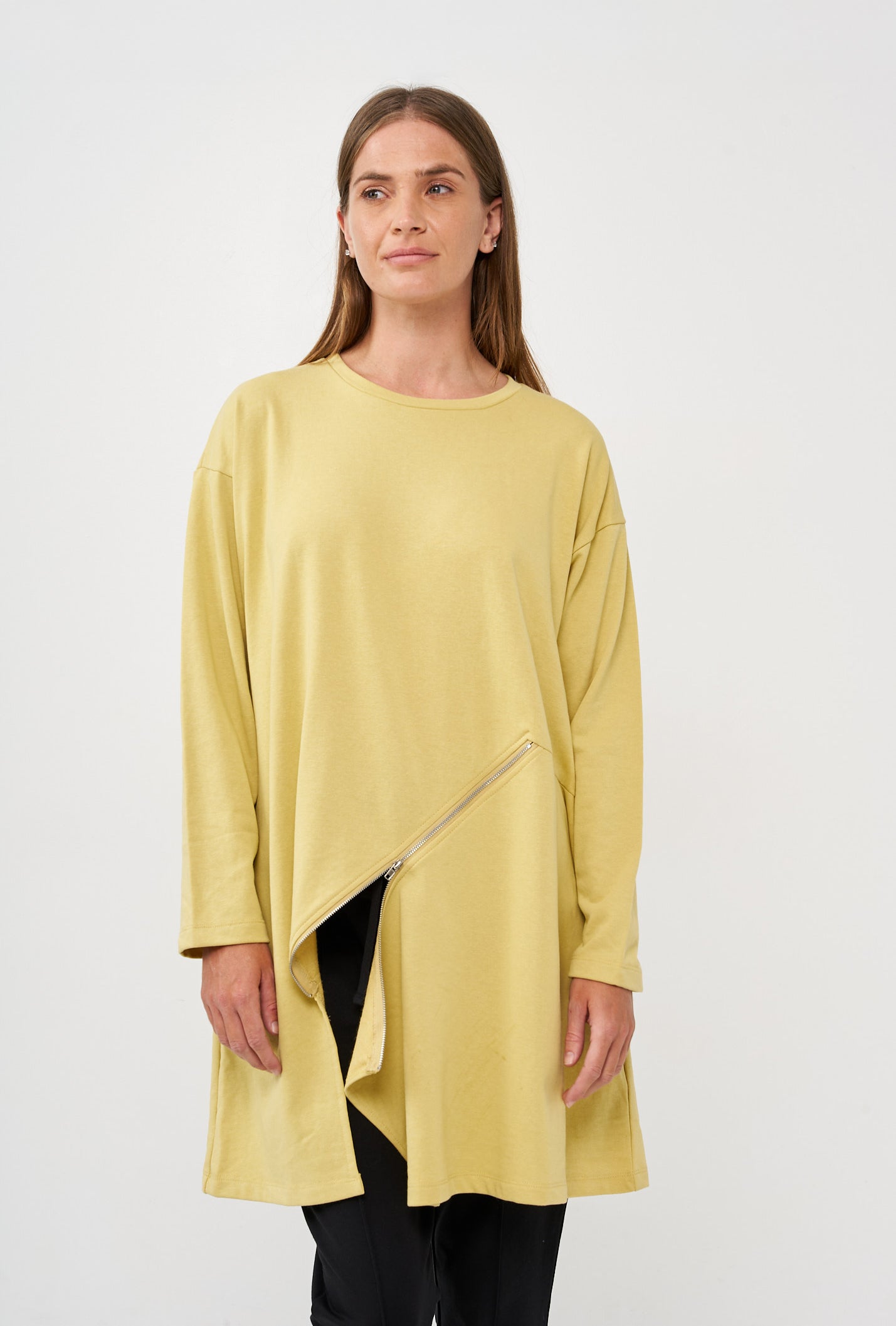 Mustard diagonal zipper long sleeve tunic