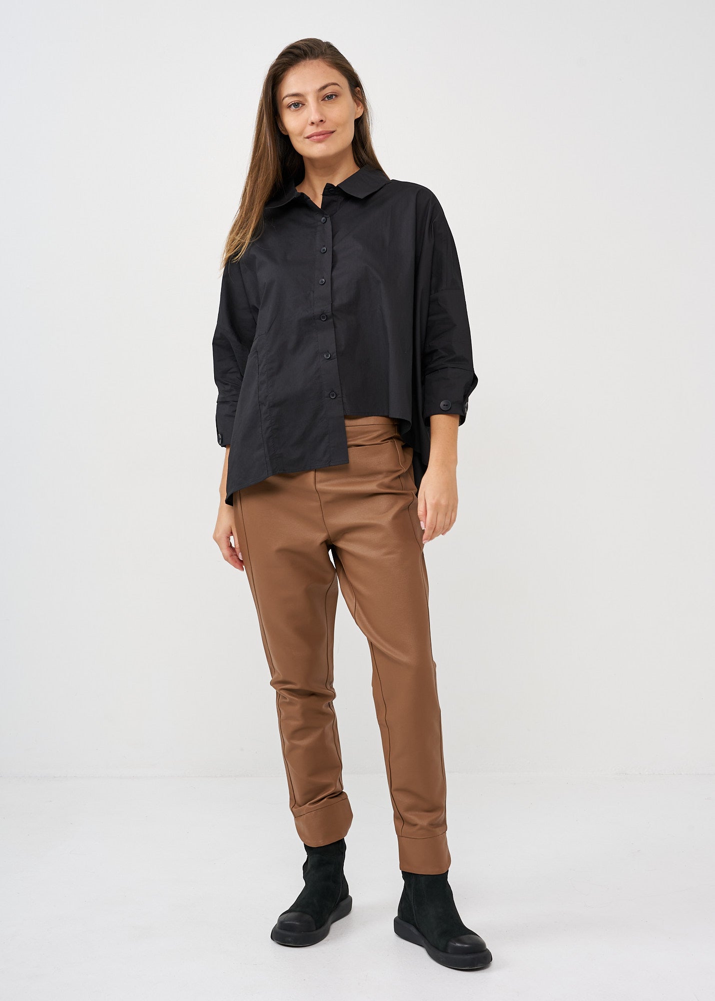 Brown faux leather straight pocket boy pants