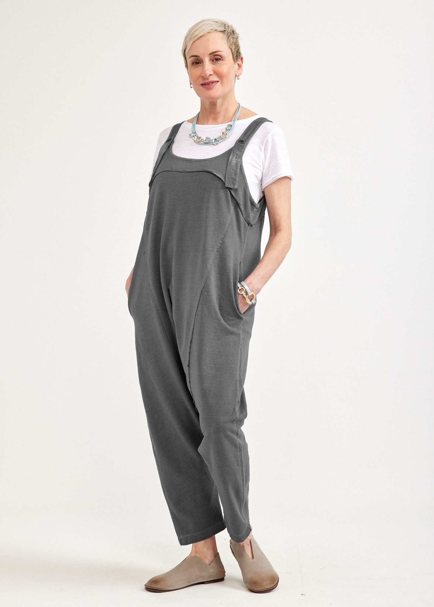 French terry overalls with gray wash buttons