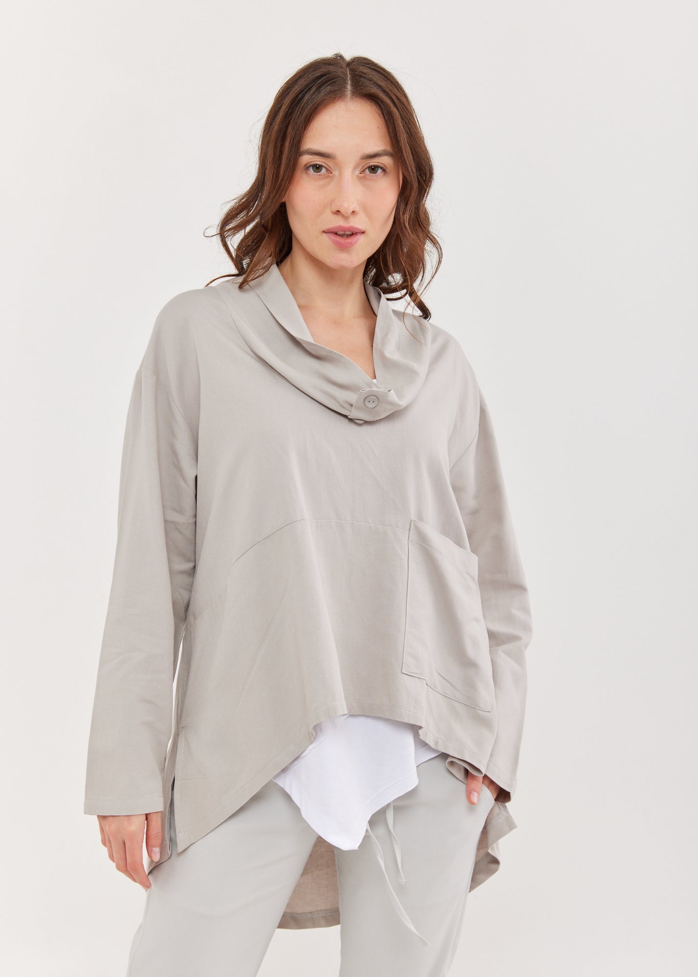 Open turtleneck tunic with stone buttons