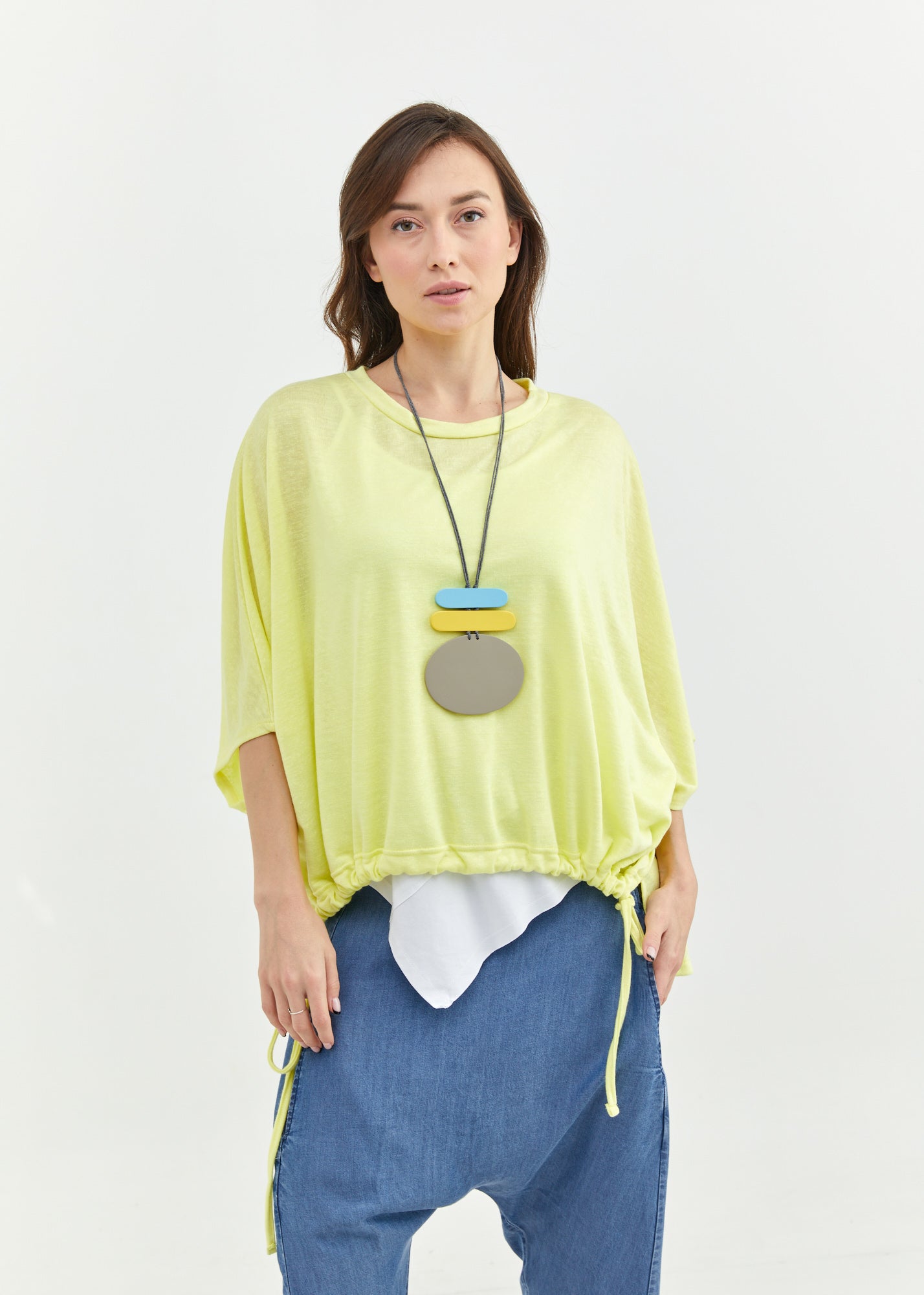 Short sleeve linen slav shirt with yellow drawstring