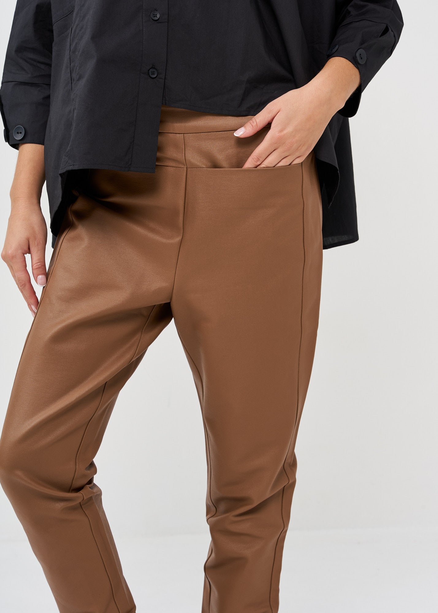 Brown faux leather straight pocket boy pants