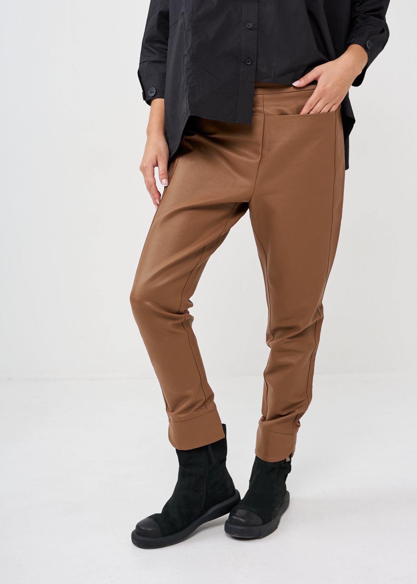 Brown faux leather straight pocket boy pants