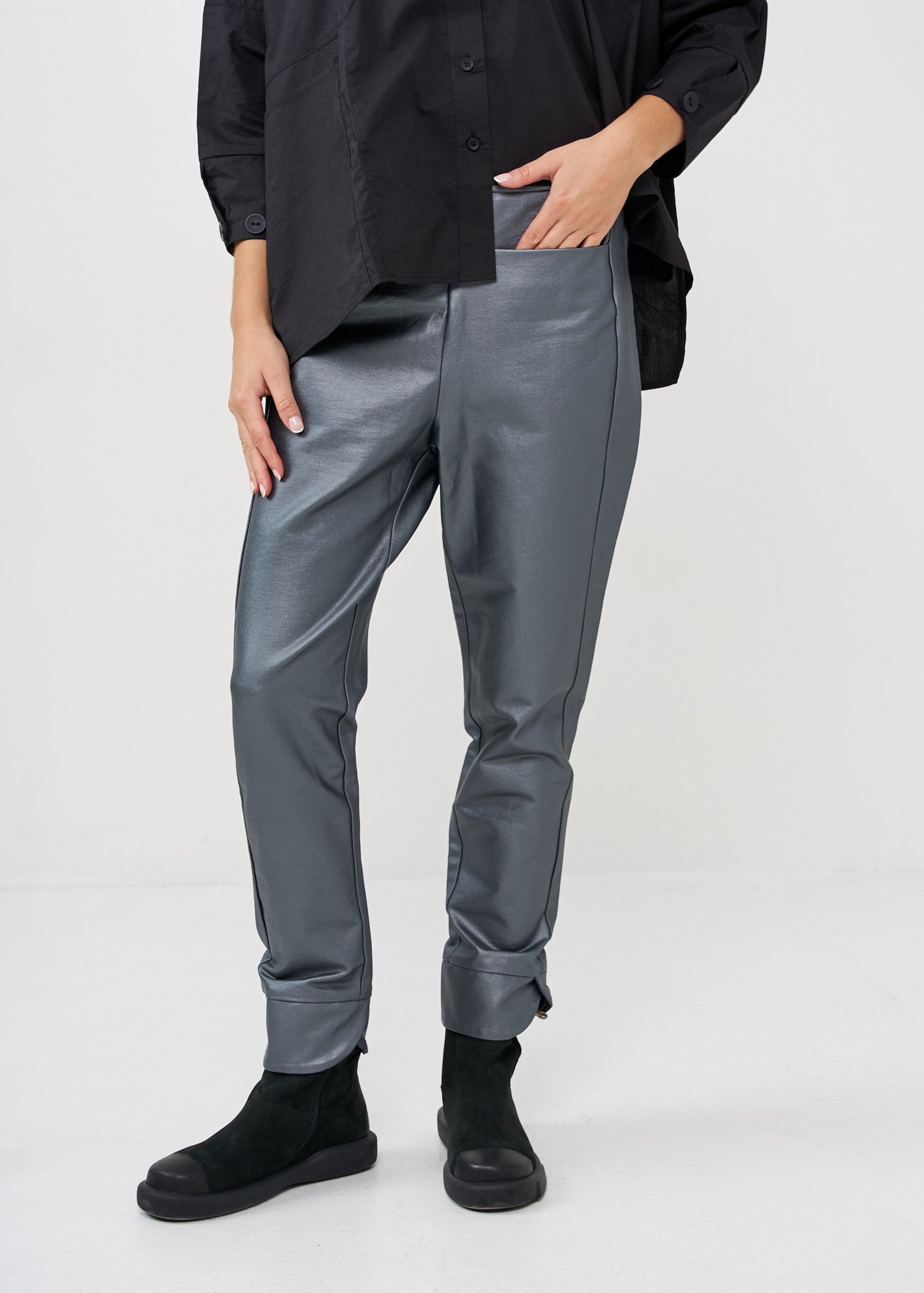 Dark gray faux leather straight pocket boy pants