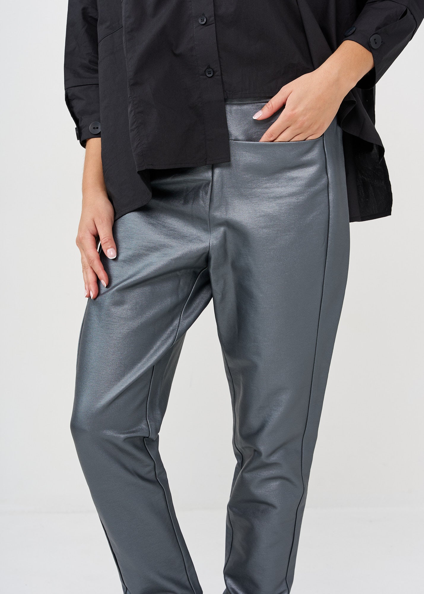 Dark gray faux leather straight pocket boy pants