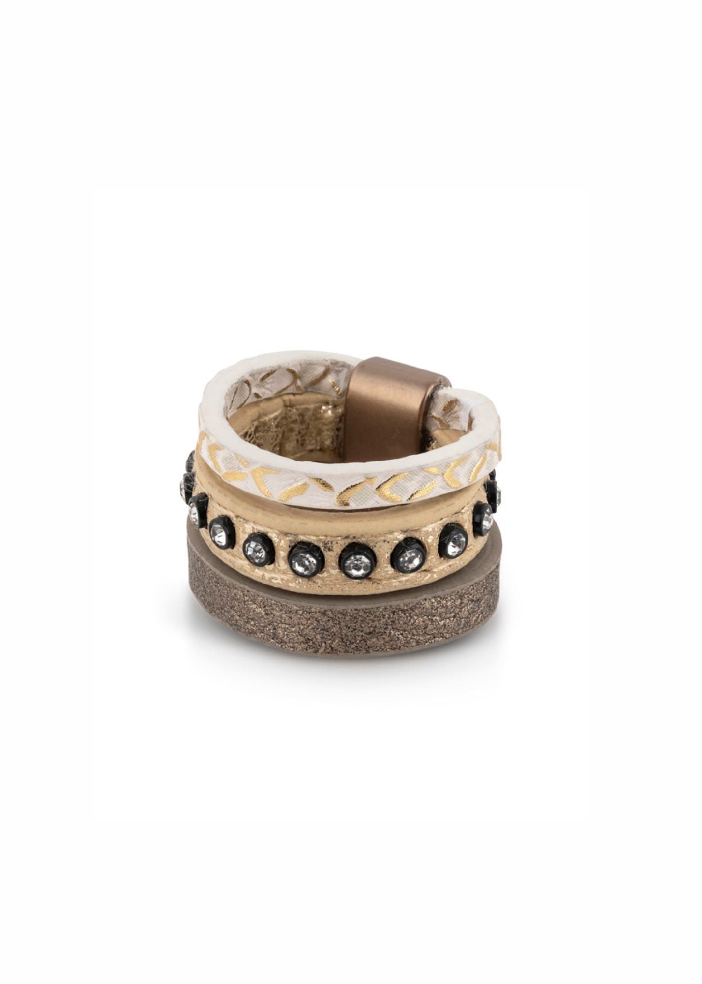 3-row leather ring with beige stones