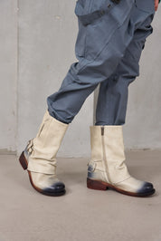 Wash leather boots zipper and strap with gray buckle