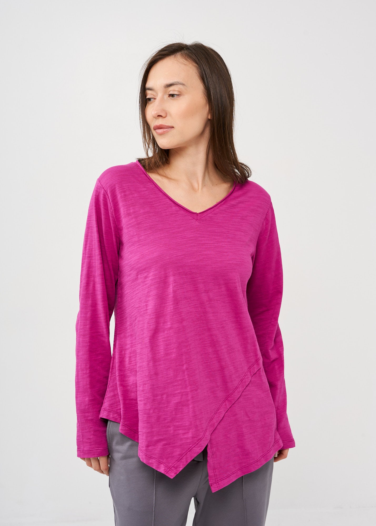 Purple long sleeve V-neck asymmetric shirt