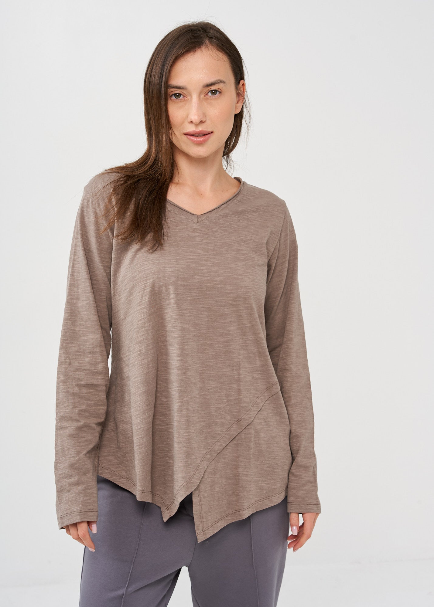 Brown long sleeve v-neck asymmetric shirt