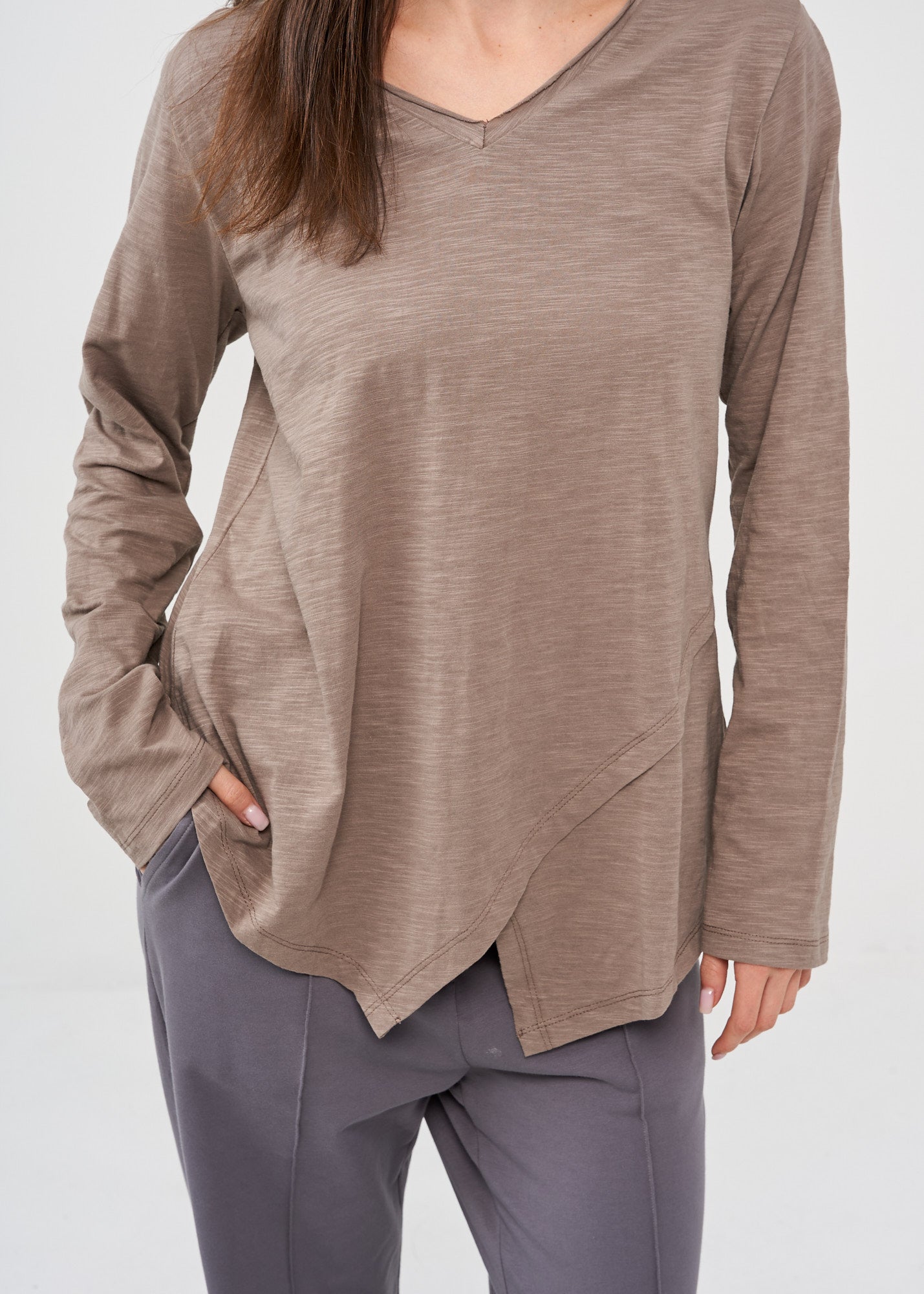 Brown long sleeve v-neck asymmetric shirt