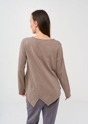 Brown long sleeve v-neck asymmetric shirt