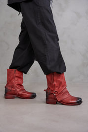 Wash leather boots zipper and strap with red buckle