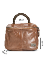 A small leather bag with a handle and a brown color combination