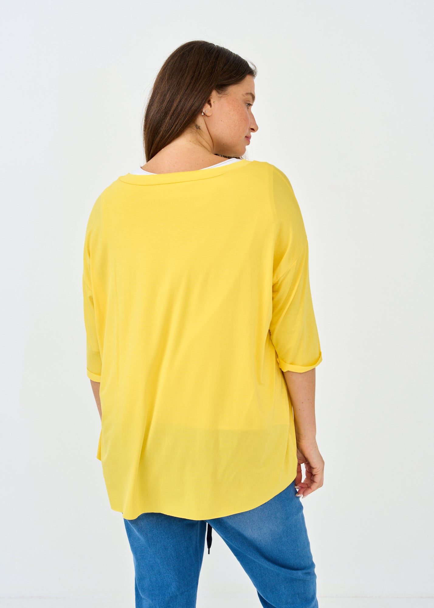 חולצת בסיס 3 4 עם דמוי כיס צהוב