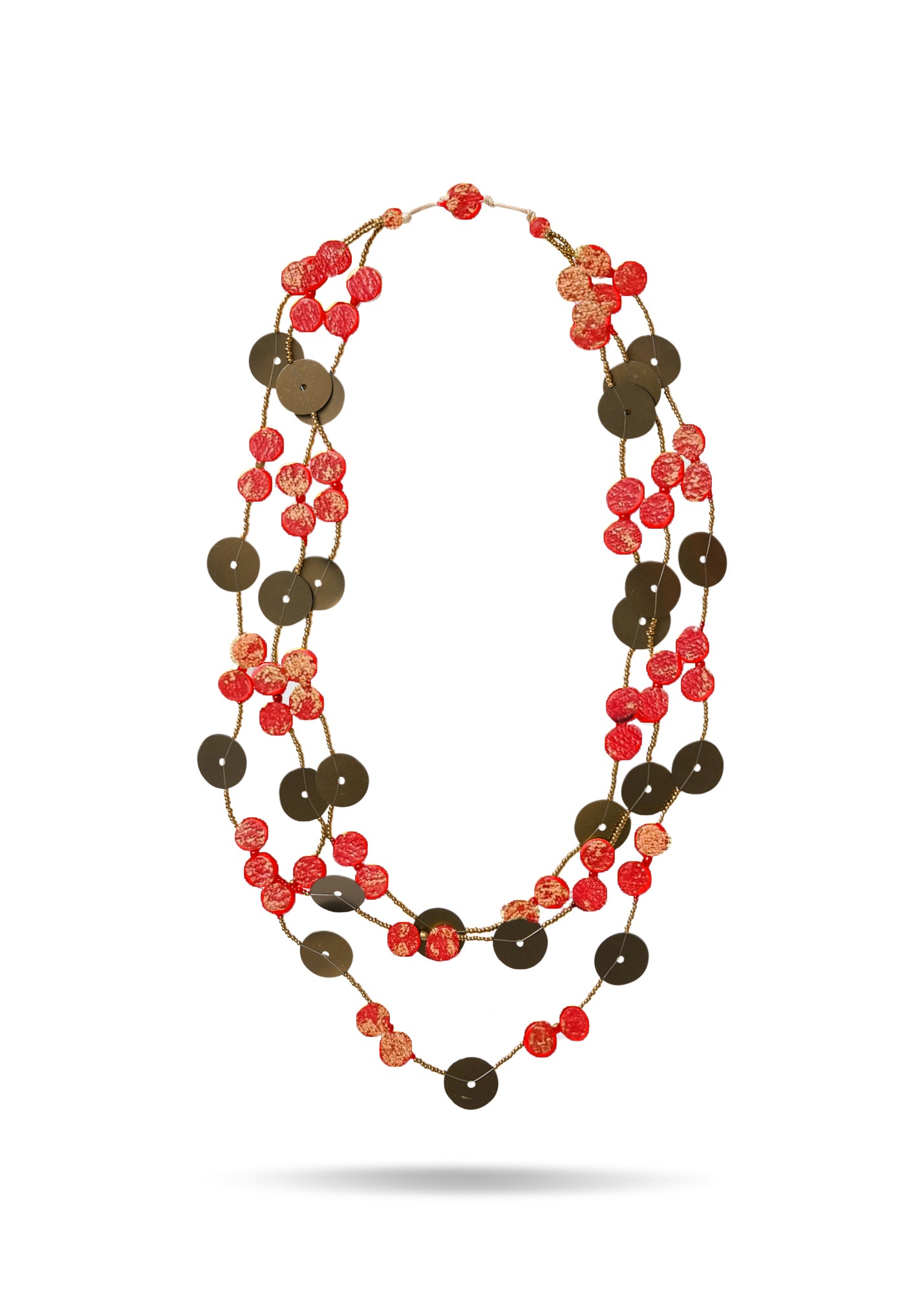 Orange token-like beaded 3-row necklace