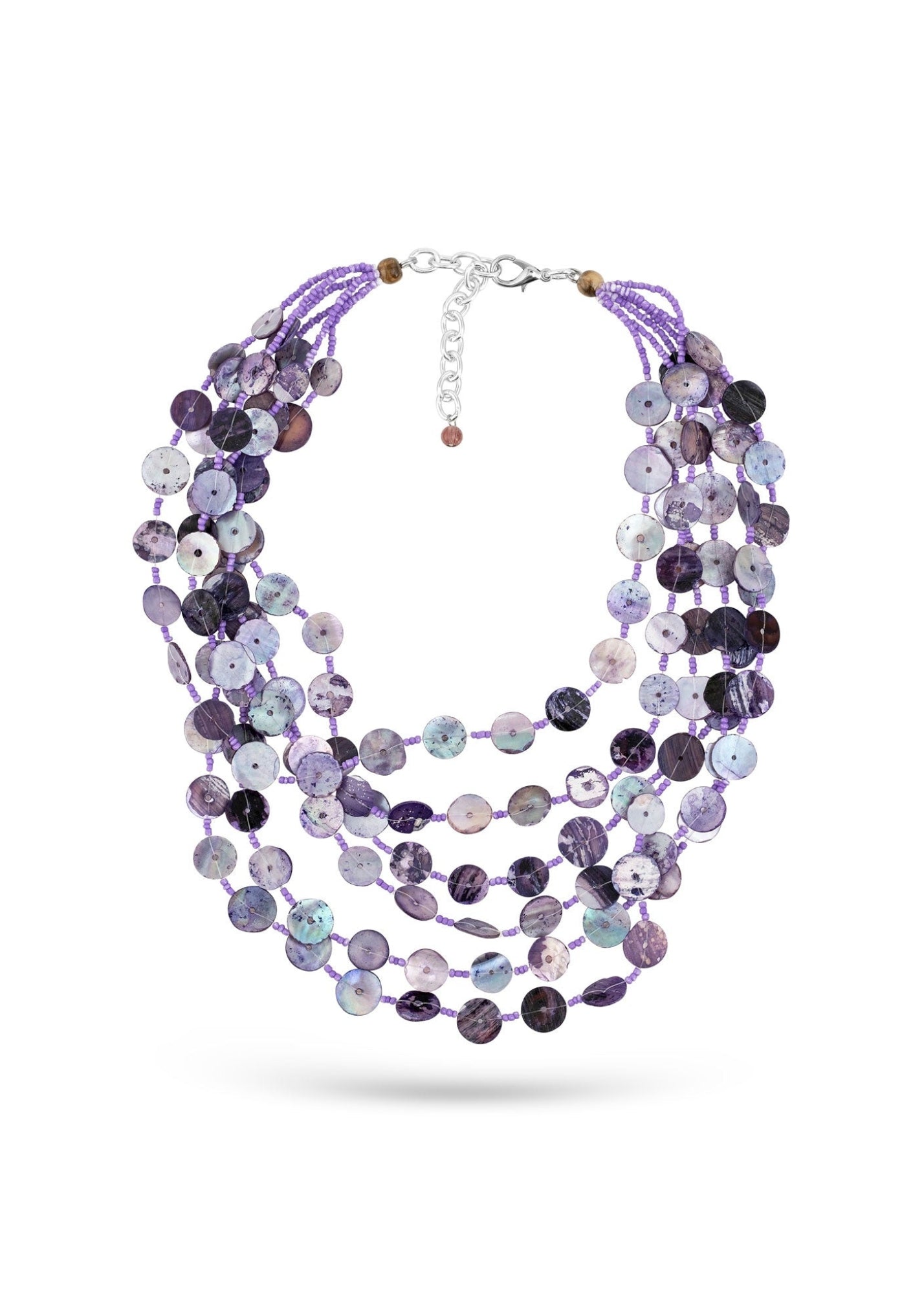 Necklace of rows of purple round shells