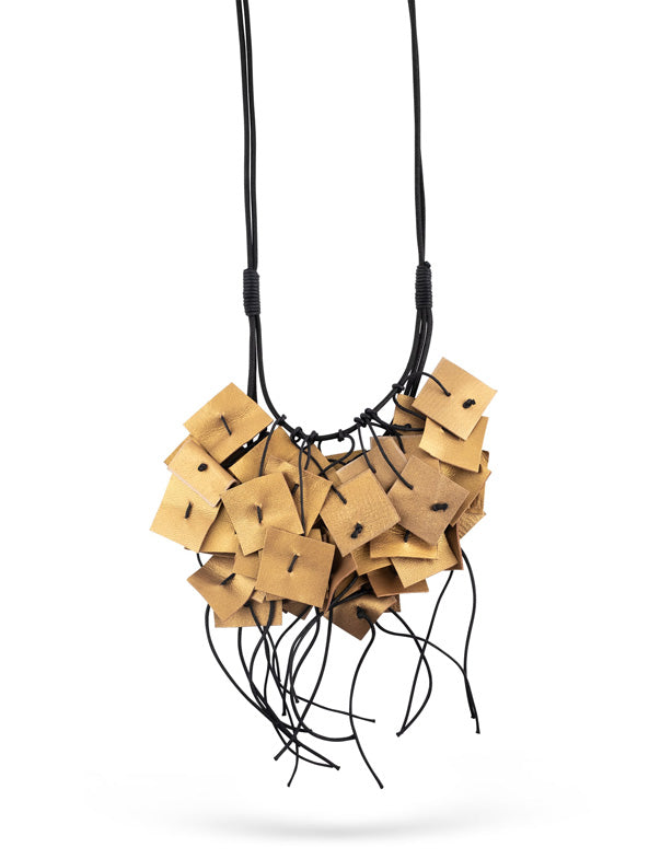 Chain of multiple leather cubes and 3 rows of gold threads