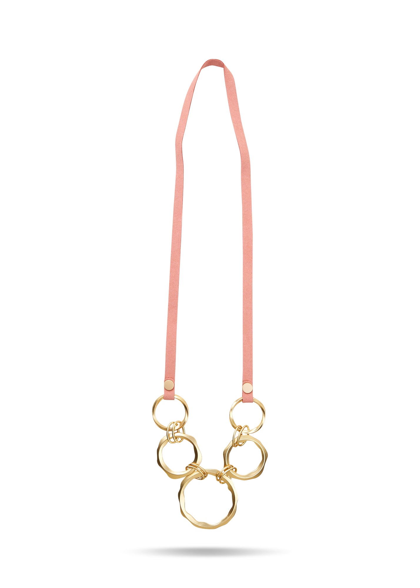 Thick leather strap necklace 5 pink metal rings