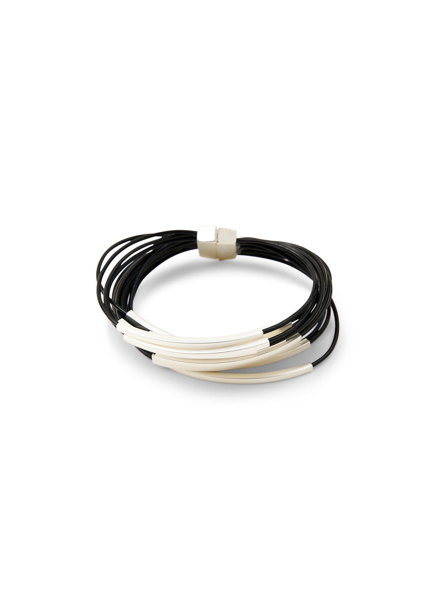 Bracelet with thin leather straps and black tubes