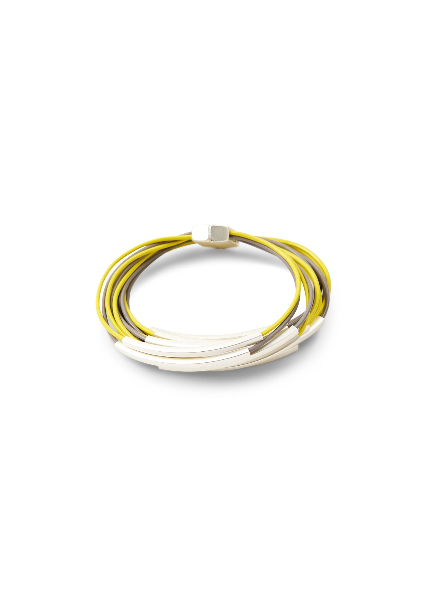 Bracelet thin leather straps and yellow tubes