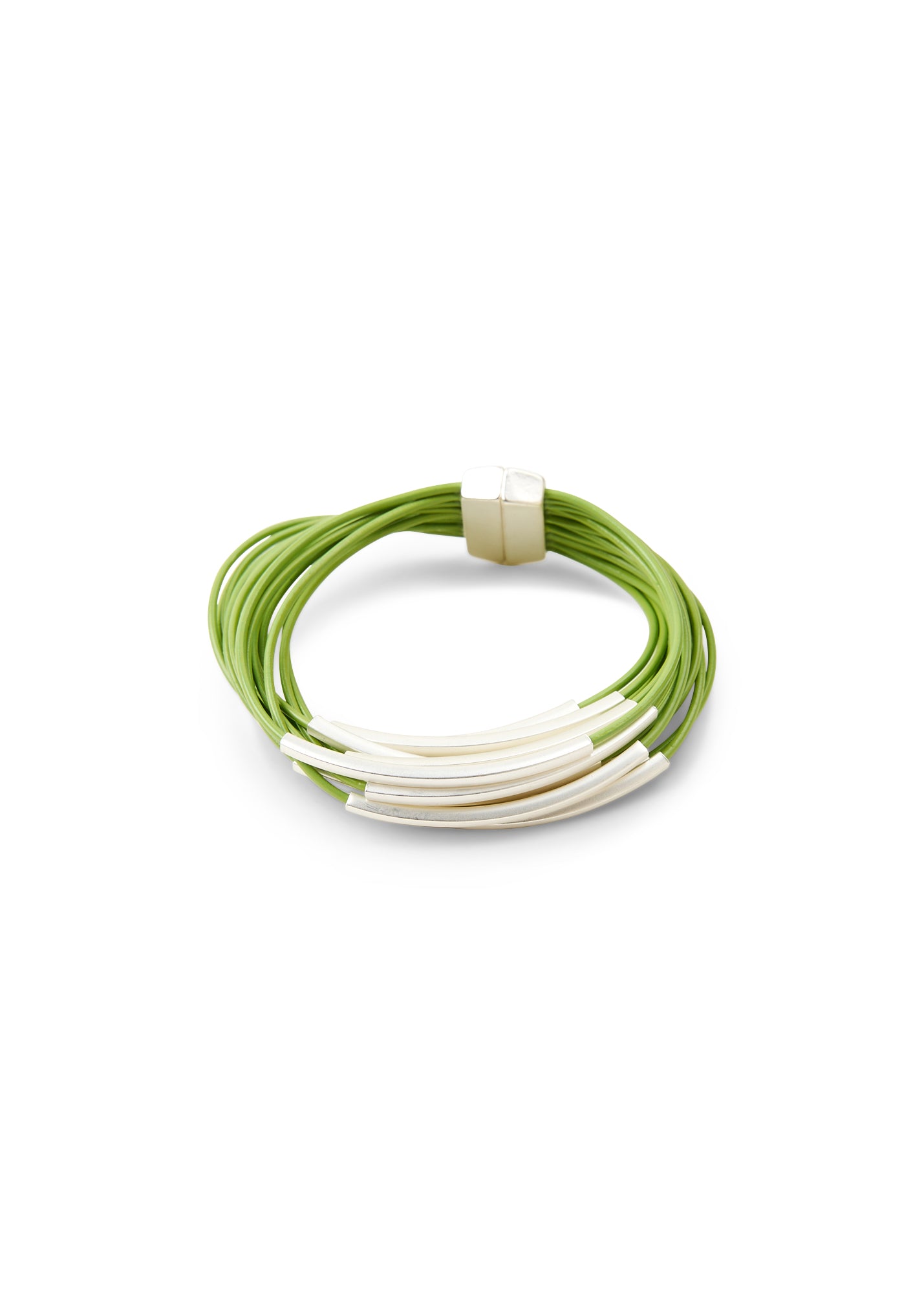 Bracelet thin leather straps and light green tubes