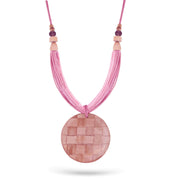 Handmade necklace straw rows and resin circle with pink squares