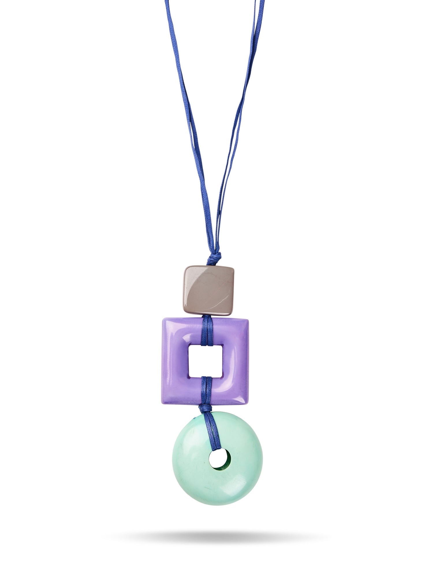 Resin necklace with two squares and a blue circle