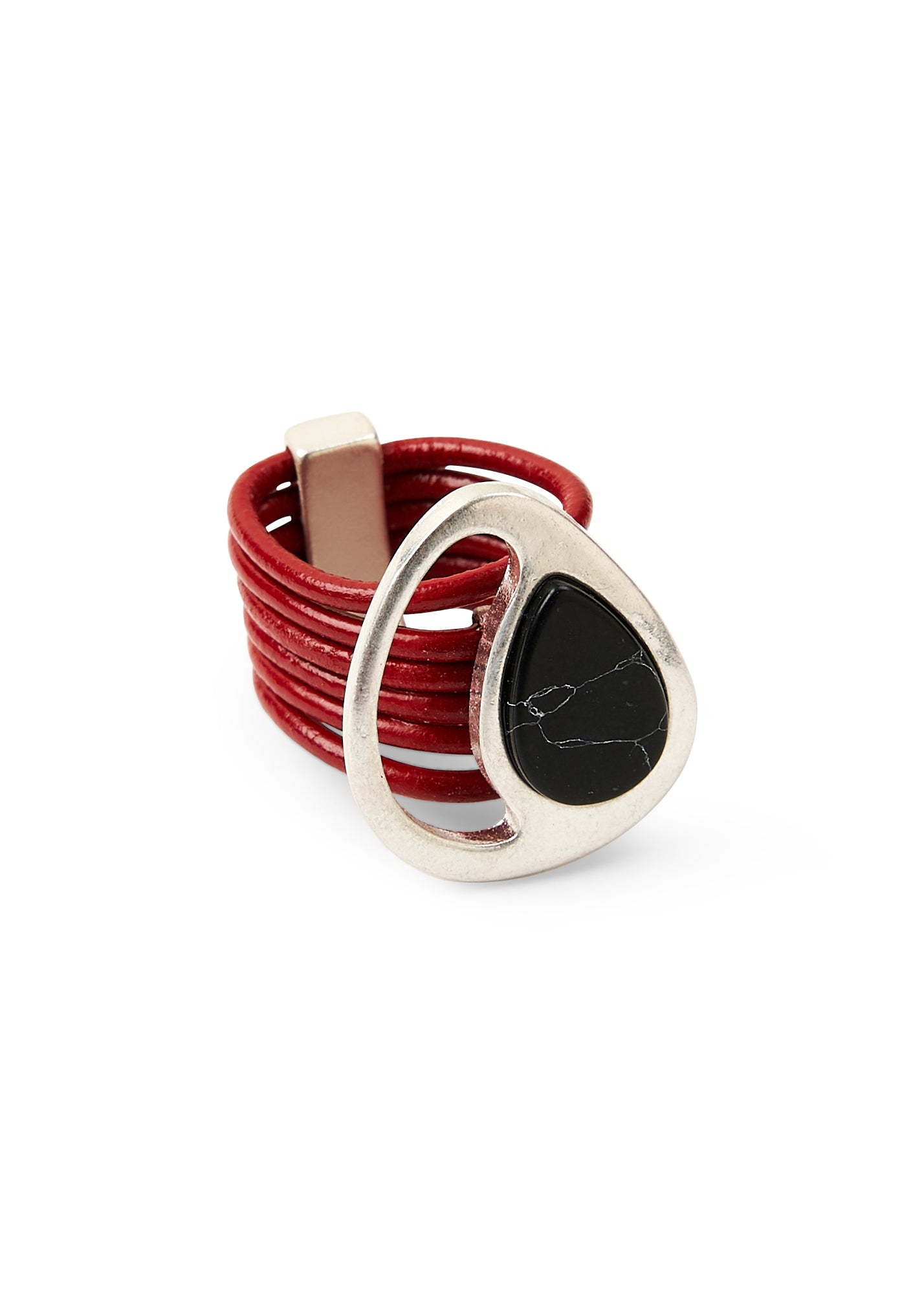 Leather strap ring and red drop stone