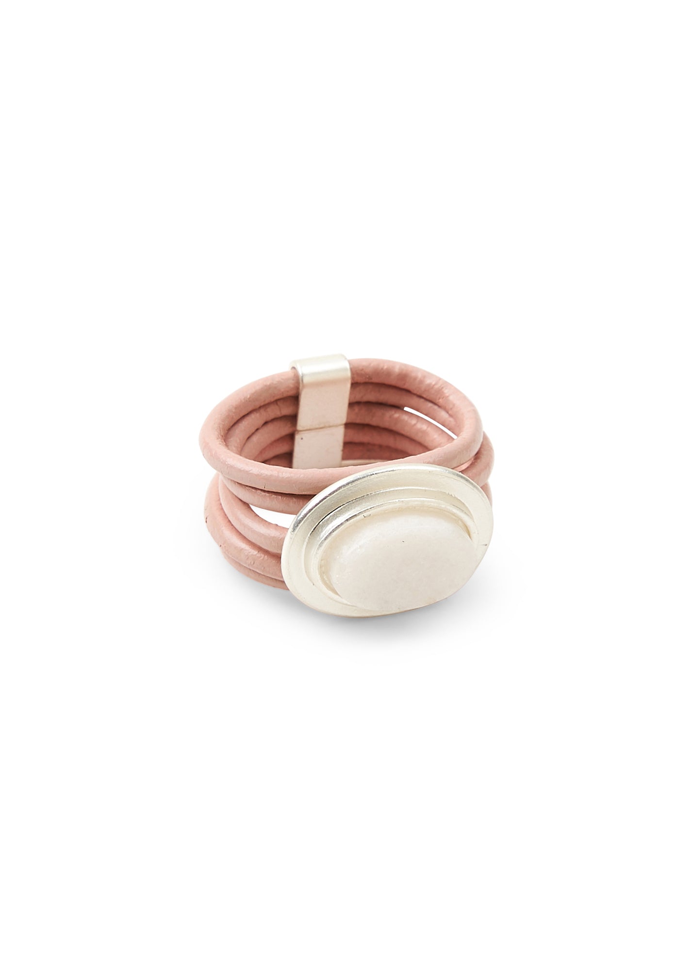 Leather strap ring and pink oval stone