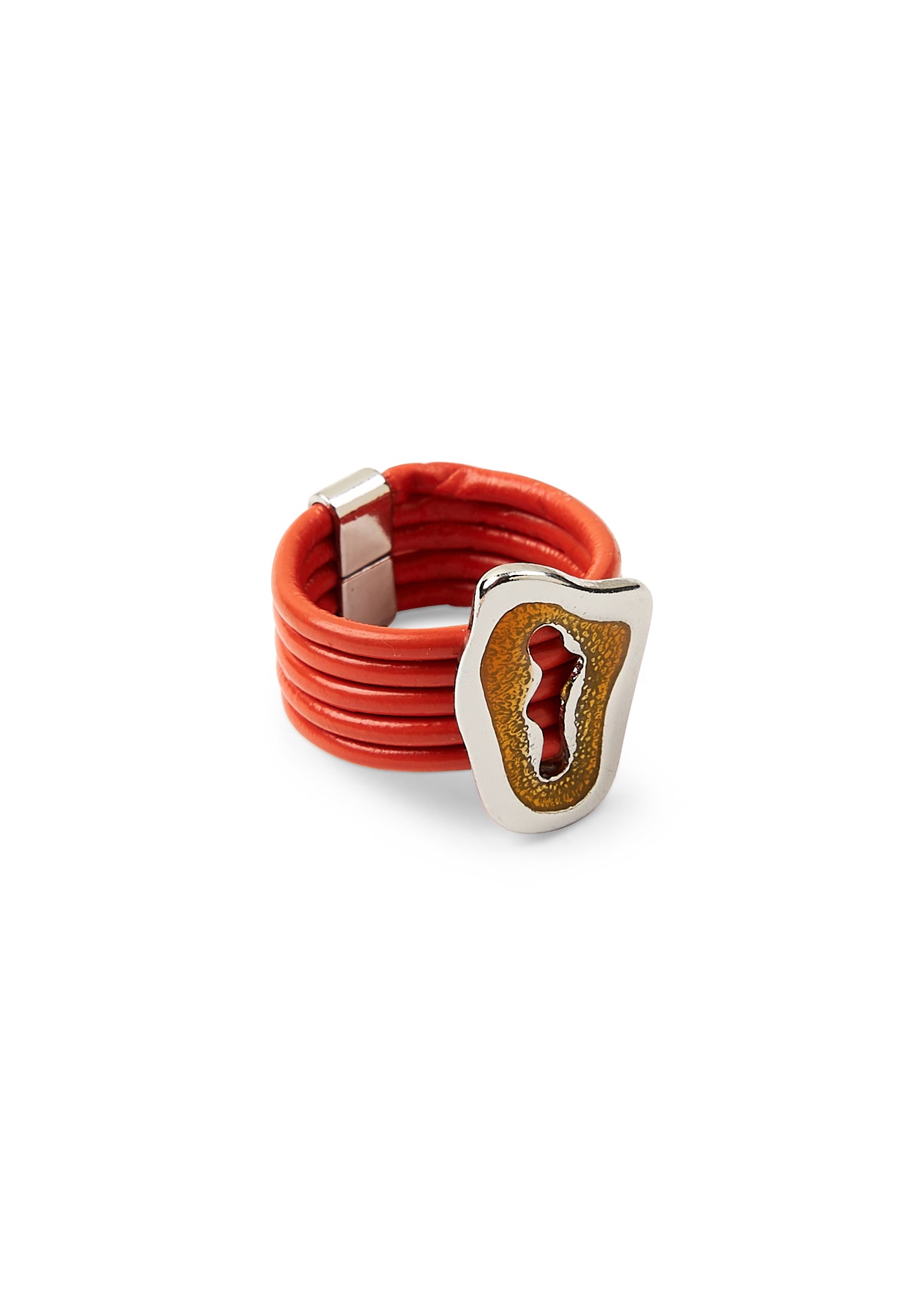 Ring with leather straps and an orange shape