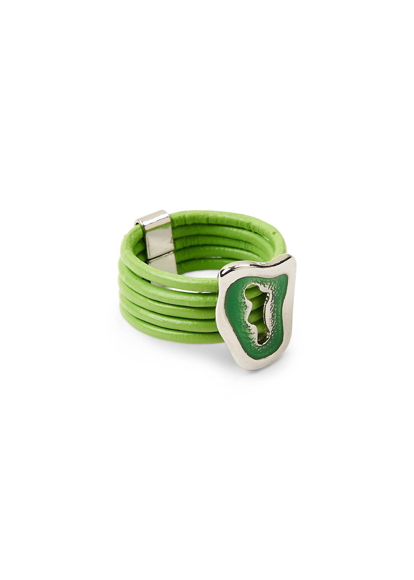 A ring with leather straps and a light green color