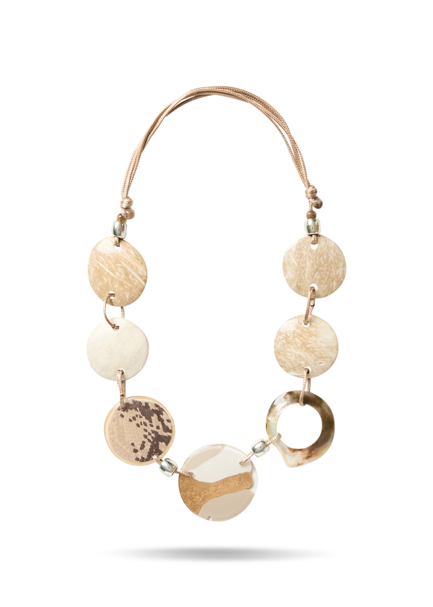 Coconut resin necklace and beige shell ring