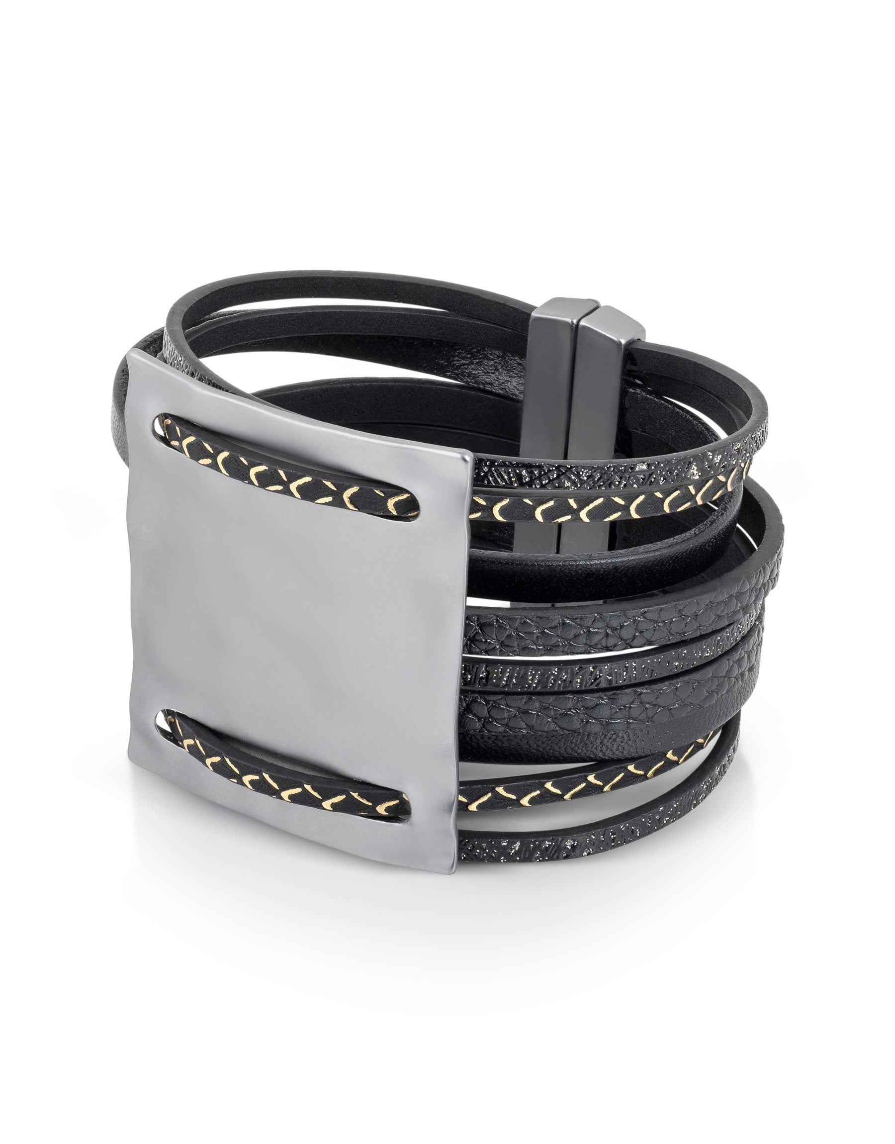 Leather bracelet with a black embossed flat metal cube