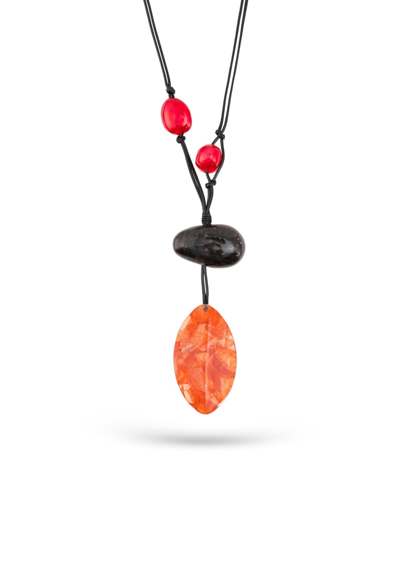 Handmade necklace combining orange resin shapes