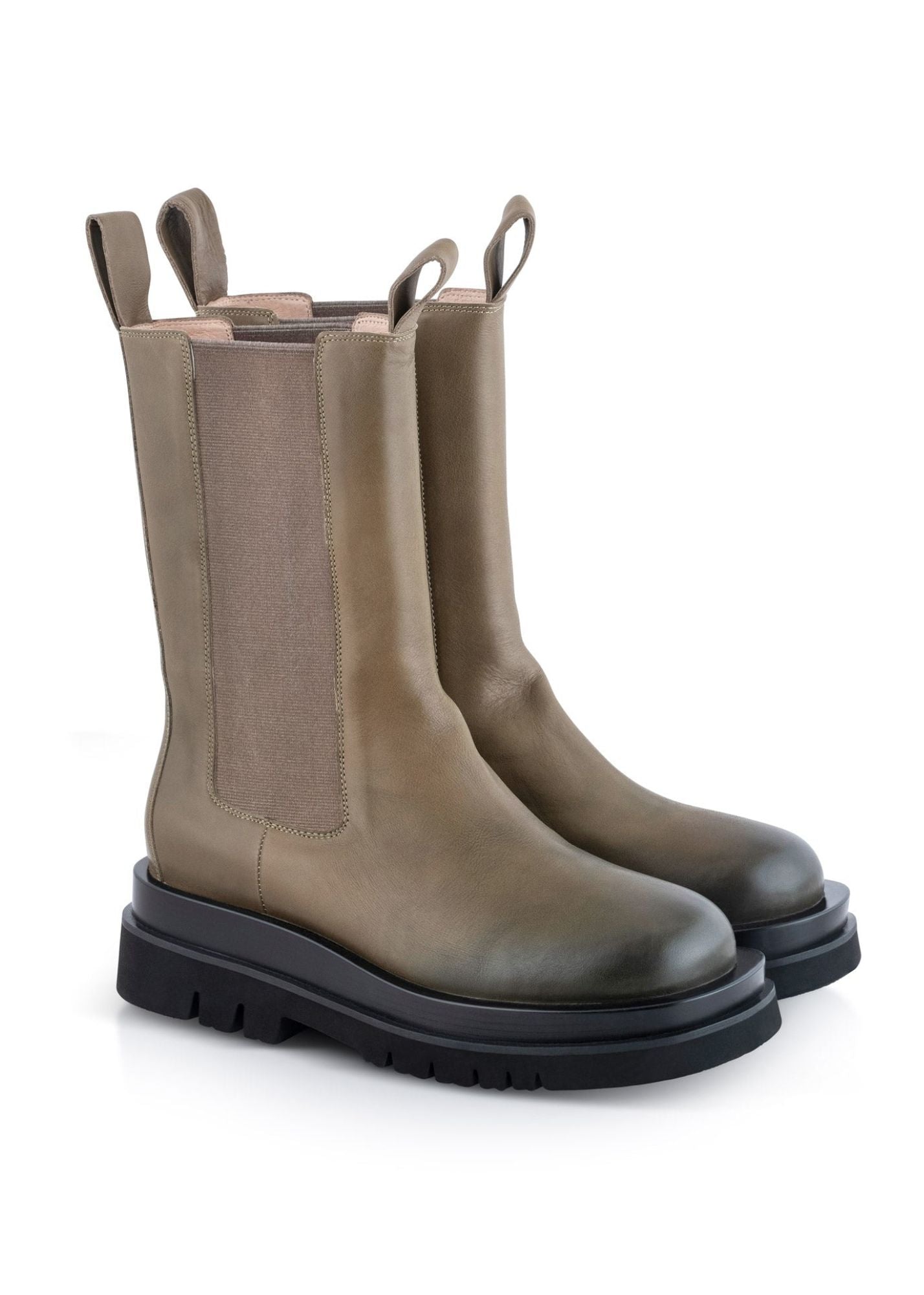 High leather boots with green rubber panel