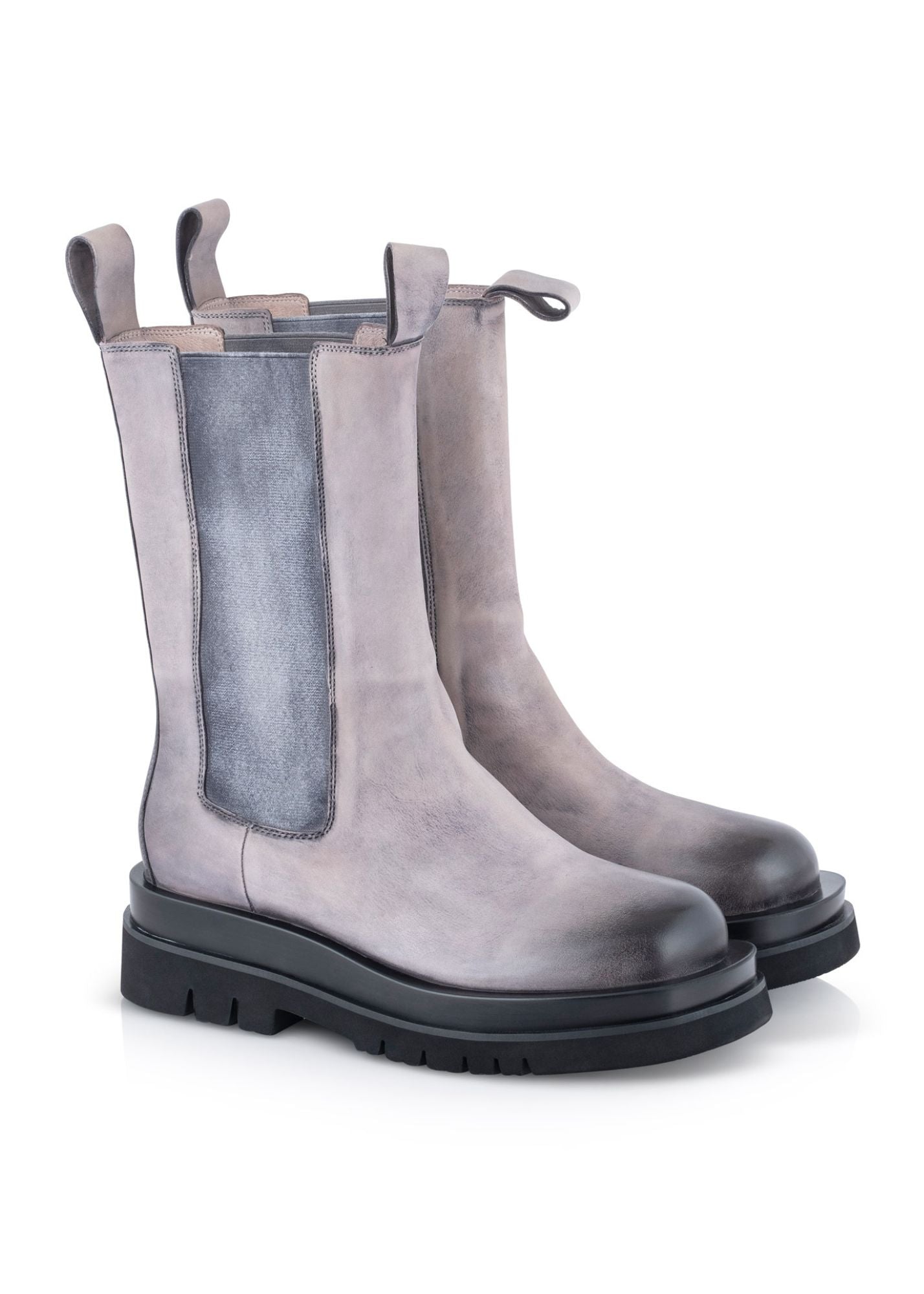 Tall leather boots with gray rubber panel