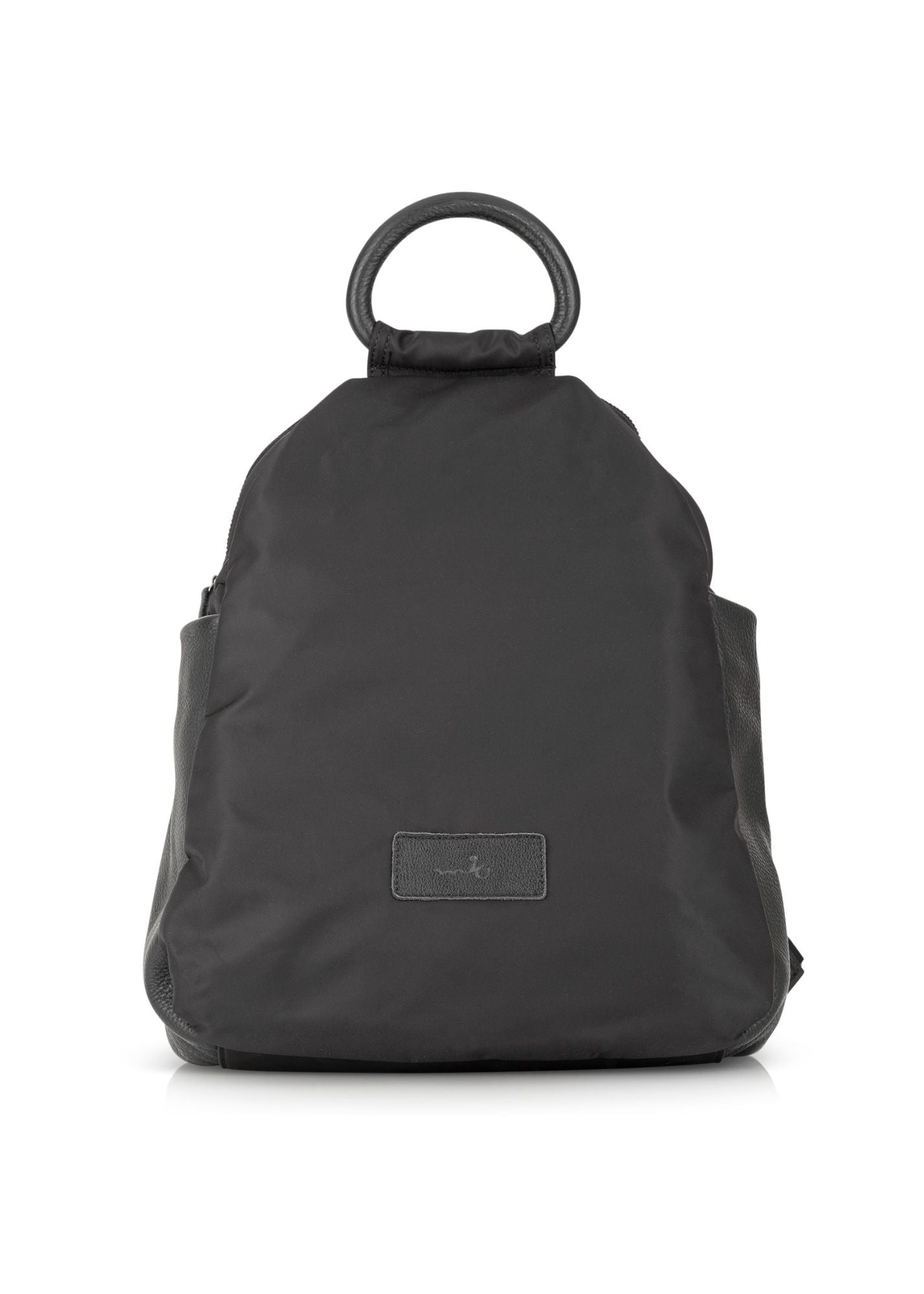 Nylon backpack combined with black leather