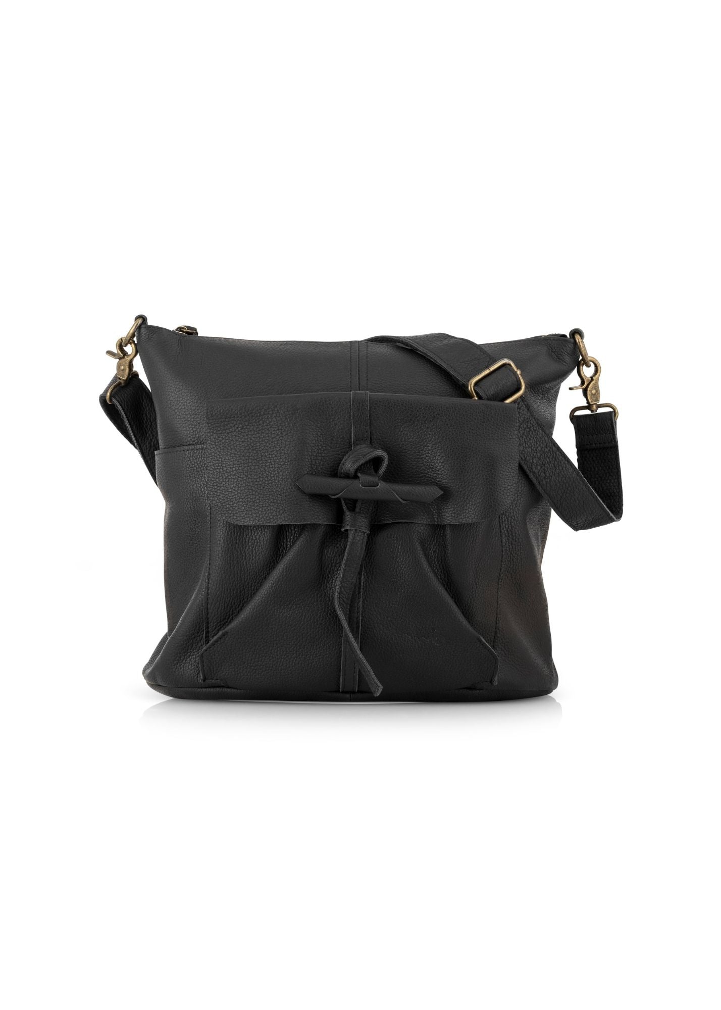 Square leather bag in front pocket with black roll closure