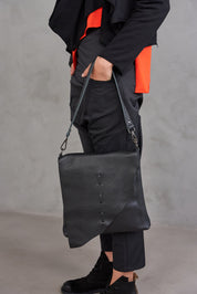 Black Asymmetric Cut Side Clasp Leather Bag