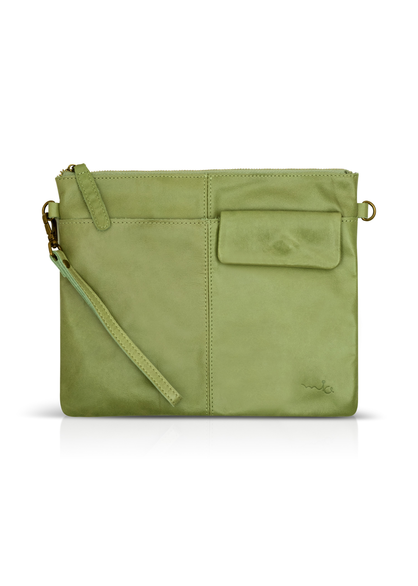 Leather evening bag with pocket and smoky light green flap