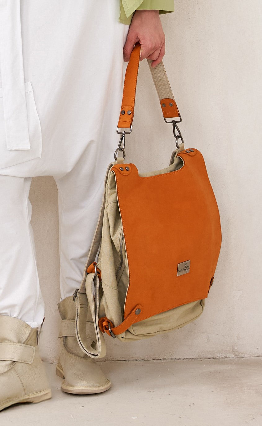 Orange Leather Clasp Back Canvas Bag