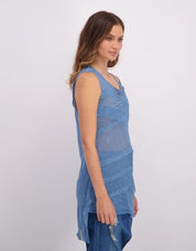 Tank top with X-seams, fine mesh, blue wash