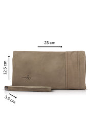 A rectangular wallet with a sewn-on outer strap and a green accent