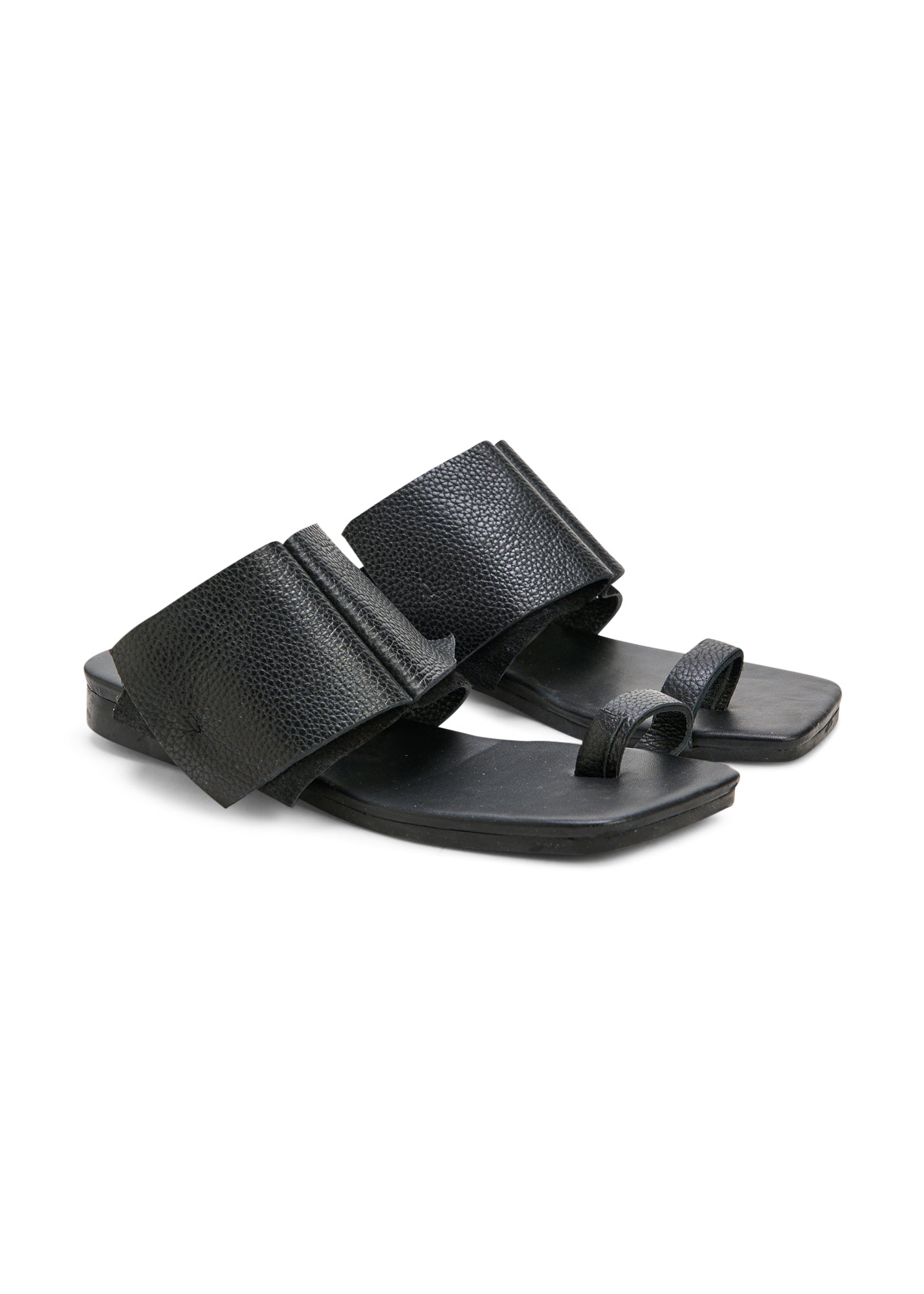 Leather flip flops black folded strap