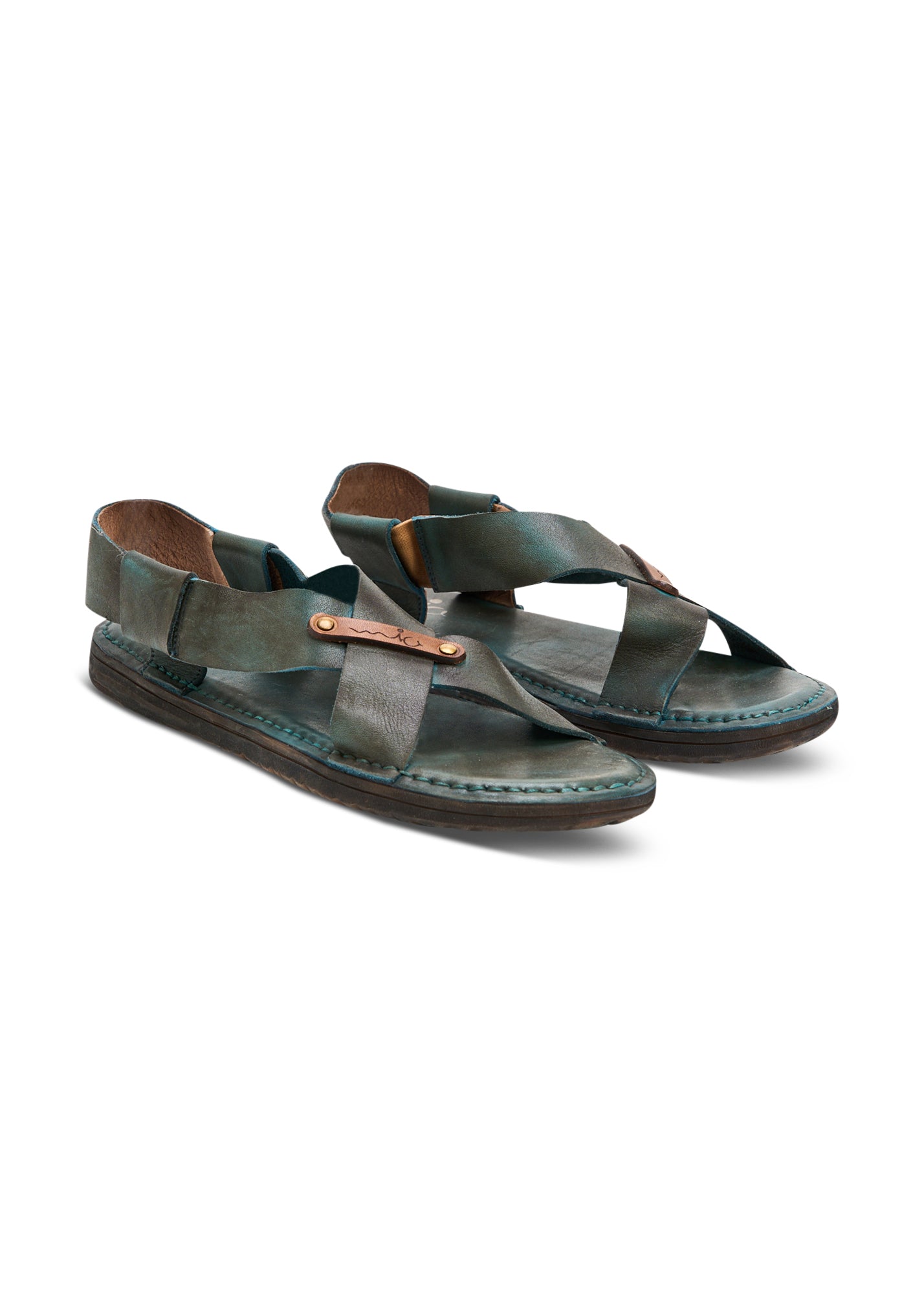 Blue X-strap flat leather sandals