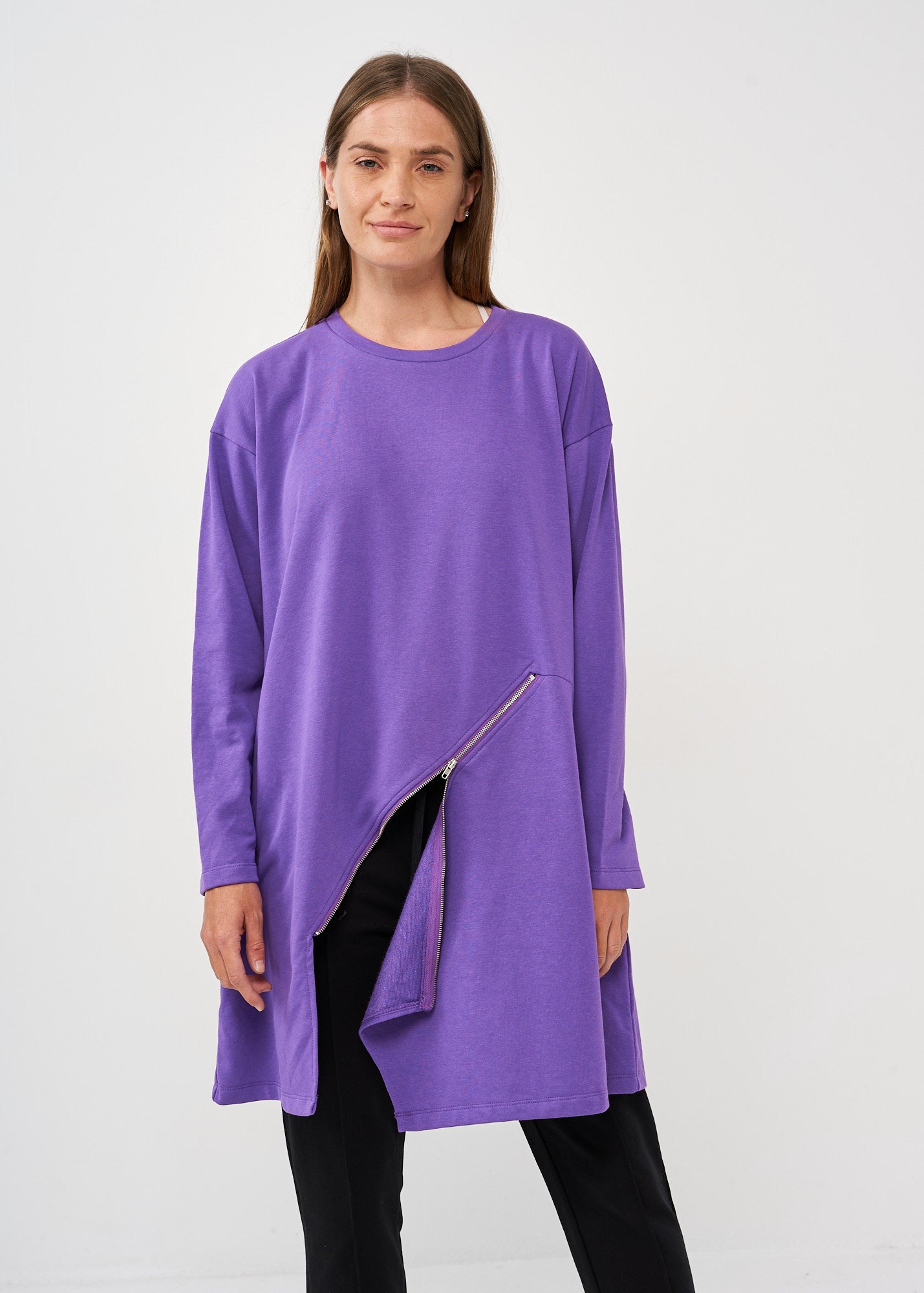 Purple diagonal zipper long sleeve tunic