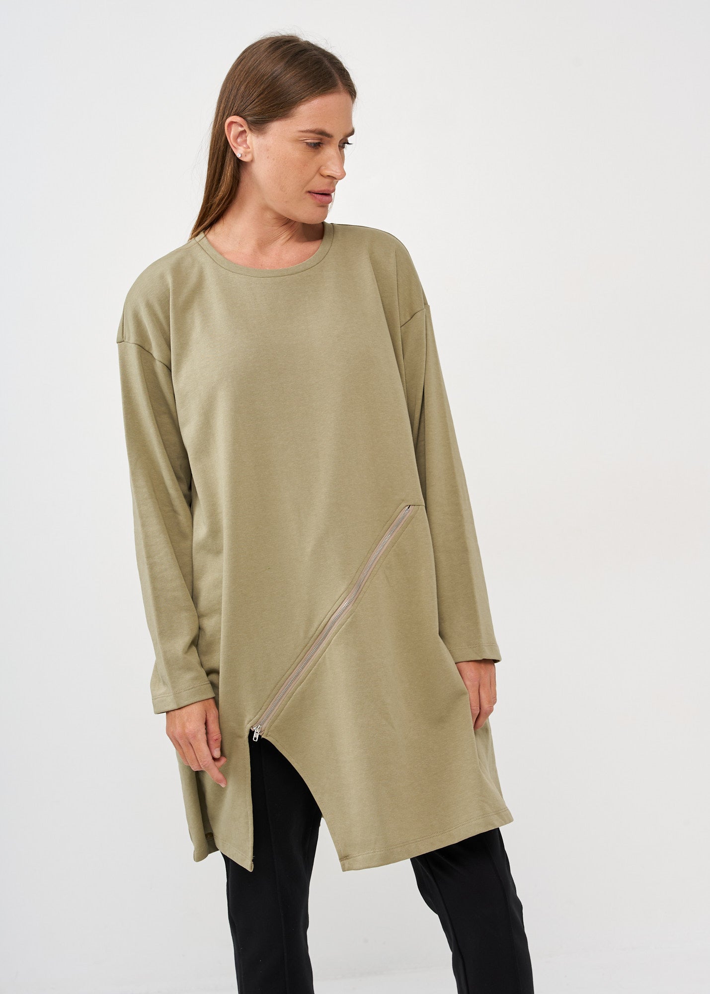 Tunic long sleeve diagonal zipper green